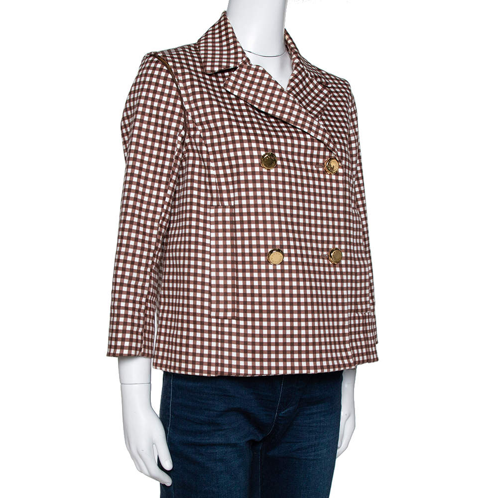 Louis Vuitton Brown Gingham Check Detachable Sleeve Short Coat S Louis  Vuitton