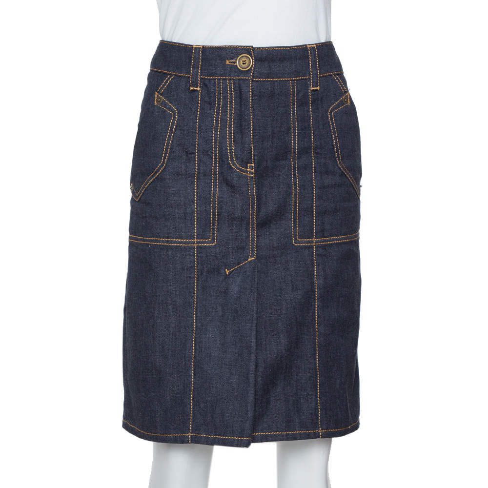 Pre Owned Louis Vuitton Dark Blue Denim Pleat Detail Skirt S