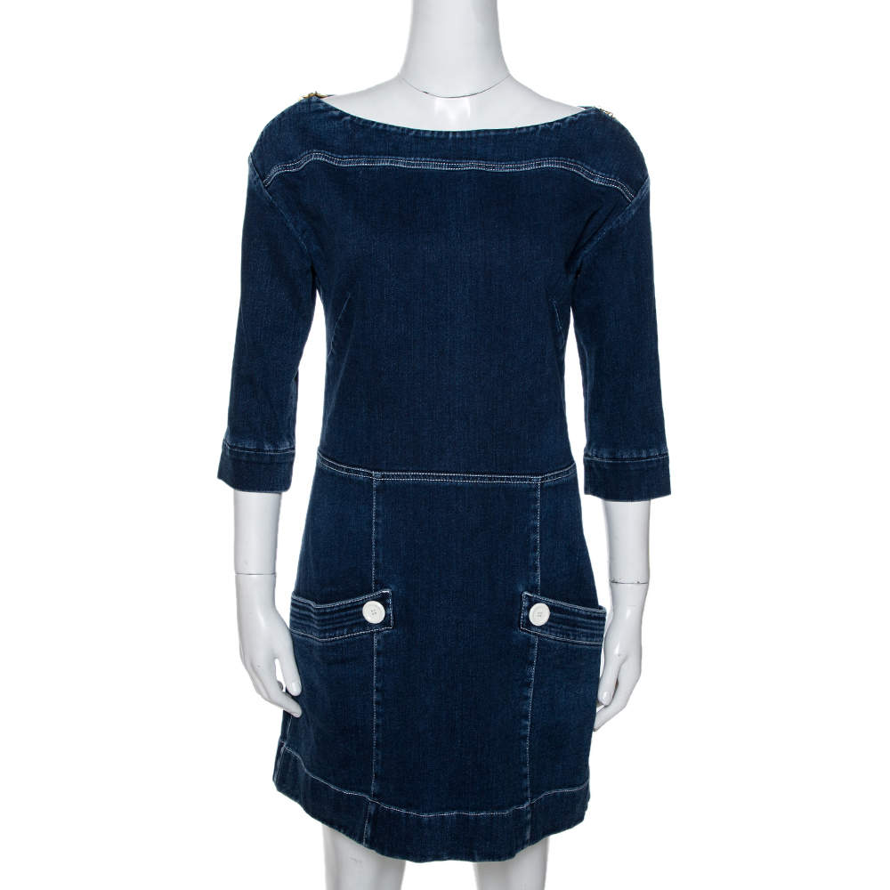 مملوكة مسبقًا فستان لوي فيتون قصير دنيم مرن أزرق مقاس وسط (ميديوم)