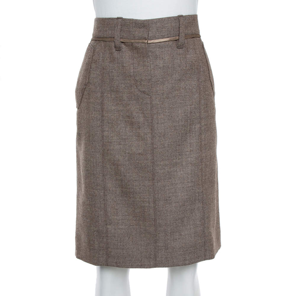 Louis Vuitton Beige Wool Herringbone Pencil Skirt M
