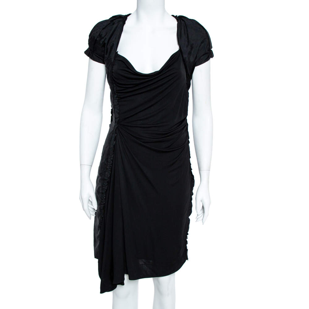 Pre Owned Louis Vuitton Black Jersey Ruffle Trim Ruched Dress M