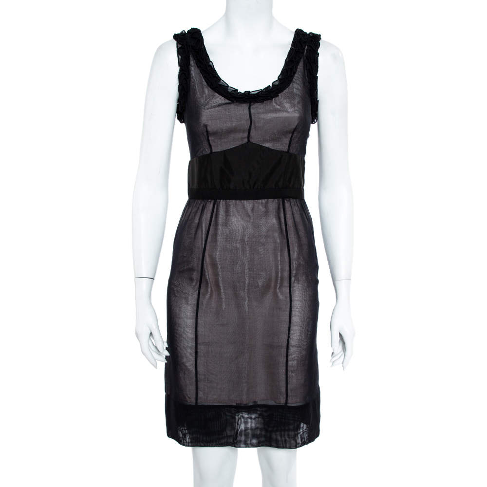 مملوكة مسبقًا Louis Vuitton Black Silk Ruffle Detail Contrast Lined Sheath Dress S
