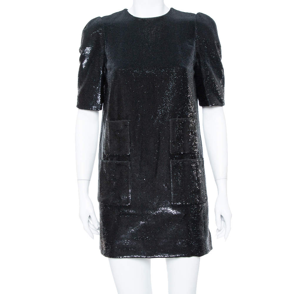 Louis Vuitton Black Sequin Embellished Short Sleeve Shift Dress M