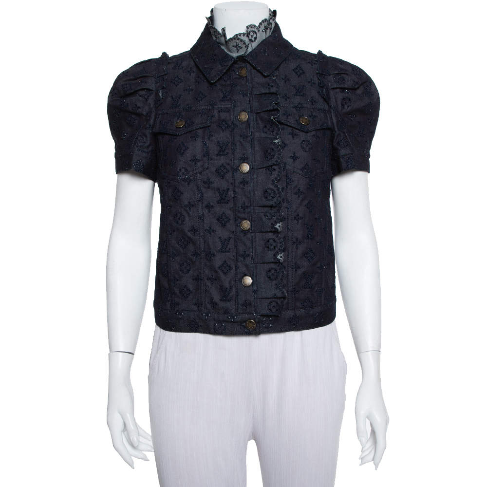 Louis Vuitton Indigo Monogram Eyelet Embroidered Denim Short Sleeve Shirt M