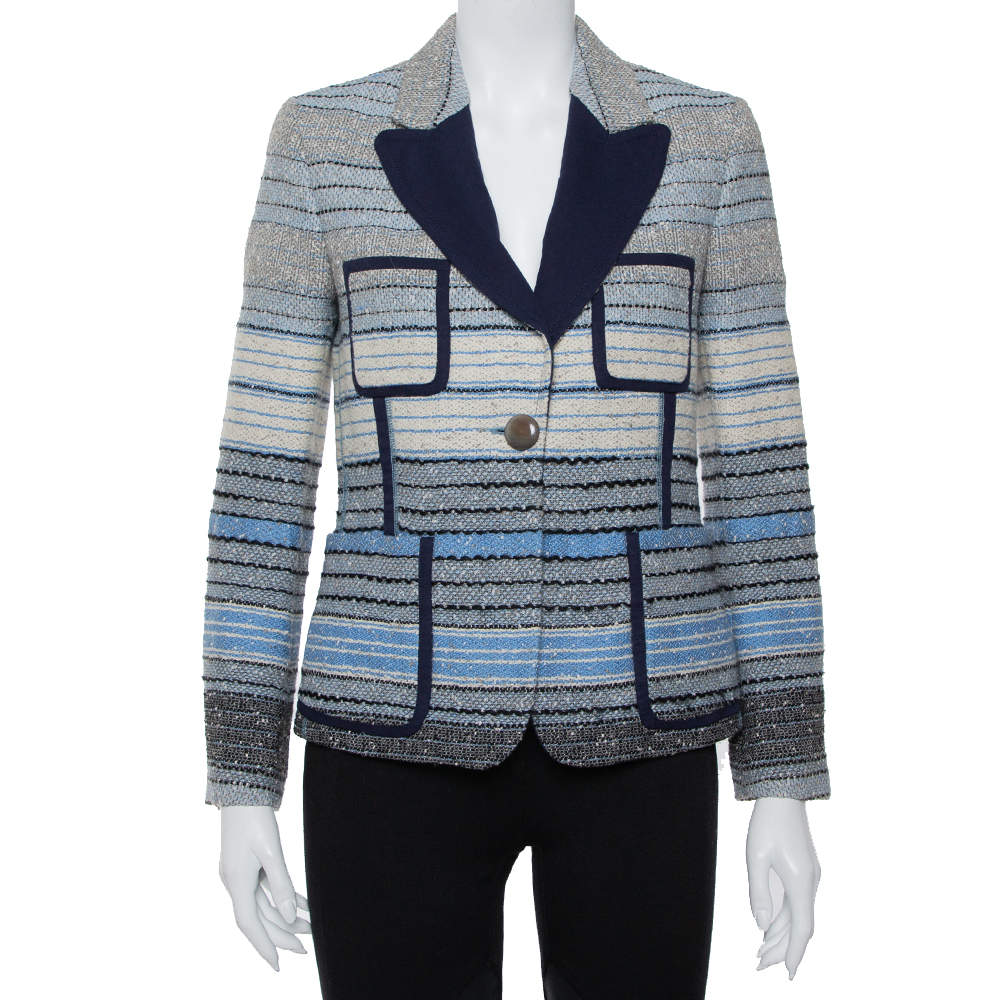 Louis Vuitton Navy Blue Striped Wool Tweed Button Front Blazer M