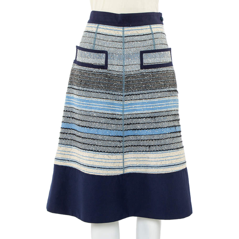 Pre Owned Louis Vuitton Navy Blue Striped Wool Tweed Knee Length Skirt M