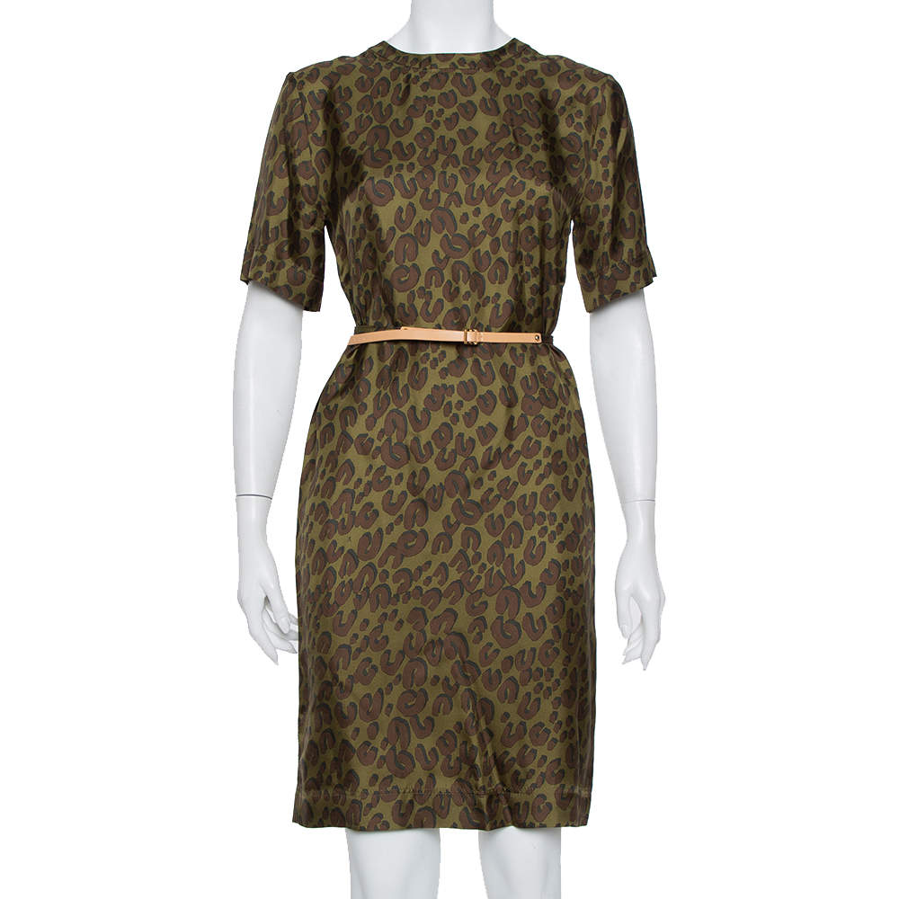 Pre Owned فستان لوي فيتون حزام حرير مطبوع أخضر داكن مقاس صغير (سمول)