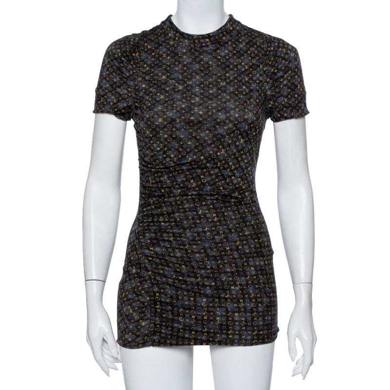 Louis Vuitton Black & Blue Logo Printed Wool Ruched Tunic M