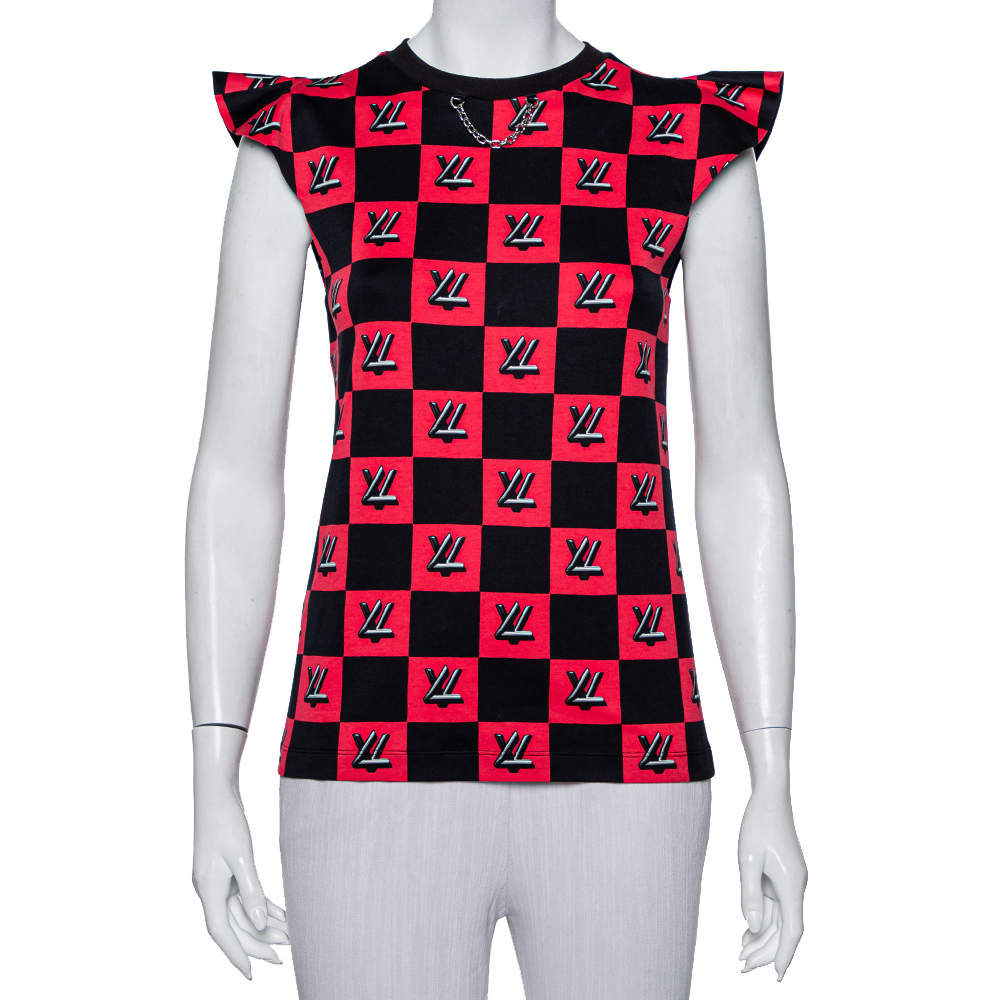 Pre Owned Louis Vuitton Black & Pink Logo Checkered Knit T-Shirt XS