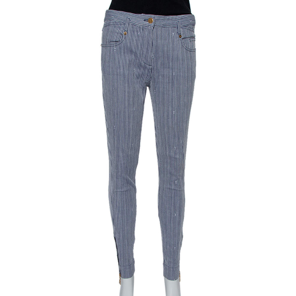 Louis Vuitton Navy Blue Striped Logo Jacquard Zipper Detail Skinny Trousers M