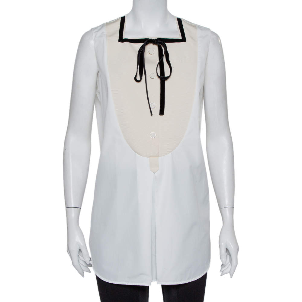 Pre Owned Louis Vuitton White Cotton Contrast Trim Neck Tie Detail Sleeveless Shirt L