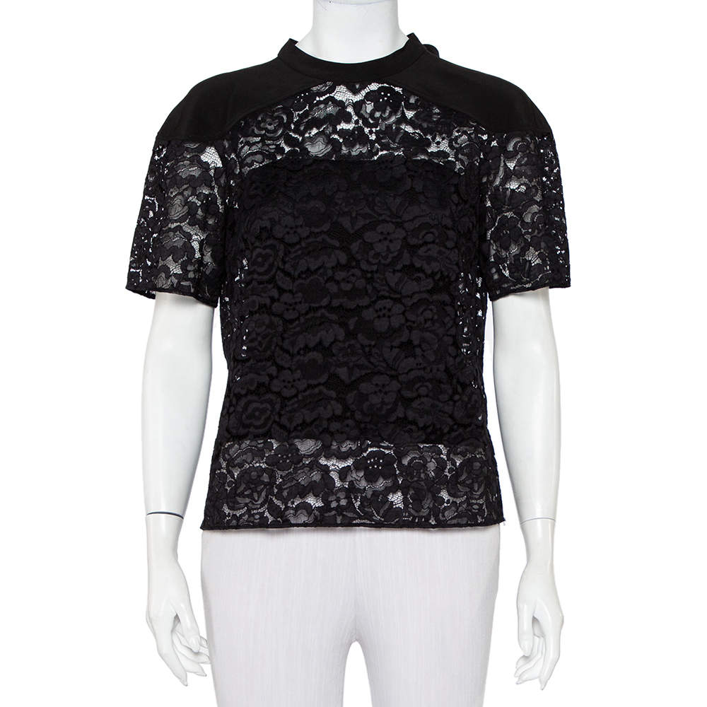 Pre Owned Louis Vuitton Black Lace & Silk Paneled Neck Tie Detail Top M