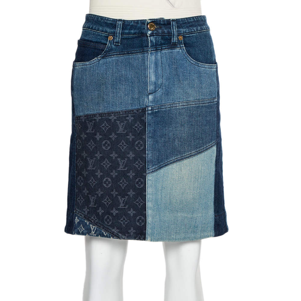 Pre Owned Louis Vuitton Indigo Colorblock Denim Monogrammed Patchwork Skirt M