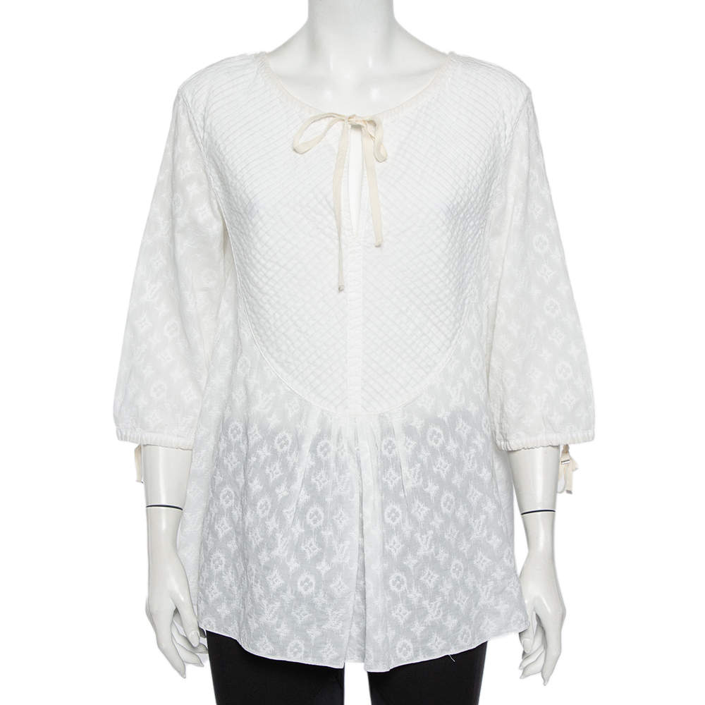Pre Owned Louis Vuitton White Embroidered Cotton Paneled Neck Tie Detail Top L
