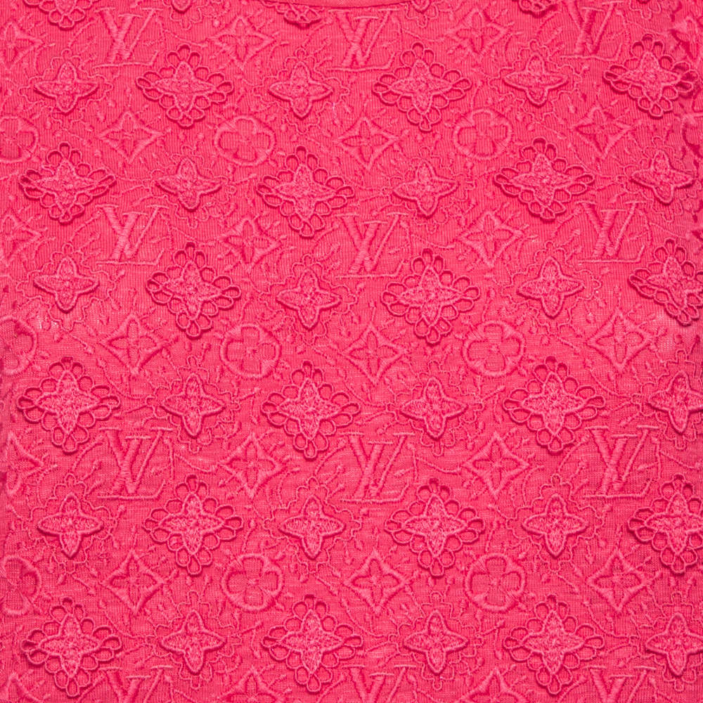 Louis Vuitton Pink Logo Embroidered Linen Applique Detail T-Shirt