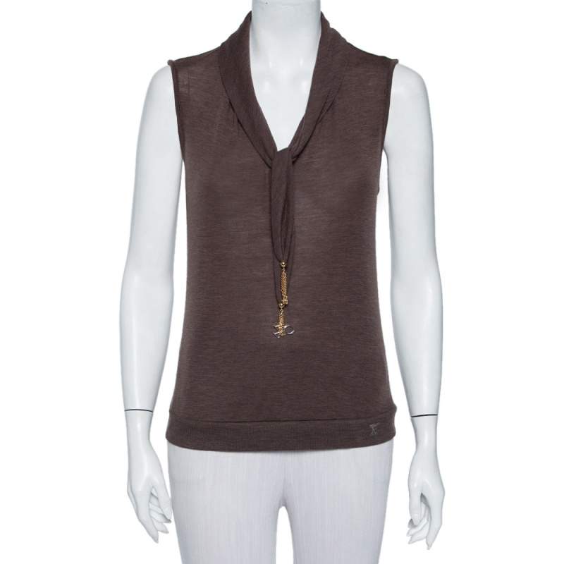 Pre Owned Louis Vuitton Brown Wool Neck Tie Detail Sleeveless Top L