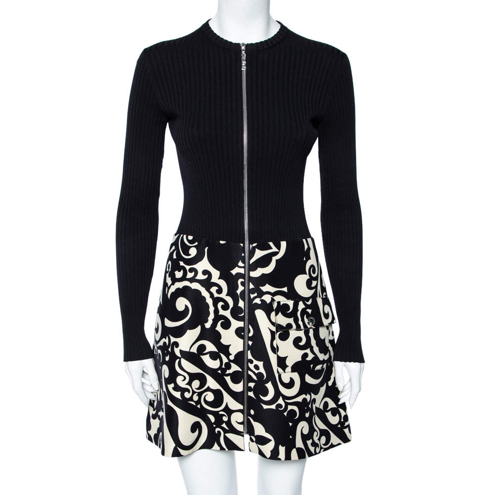 Pre Owned Louis Vuitton Black Rib Knit & Printed Wool Zip Front Mini Dress S