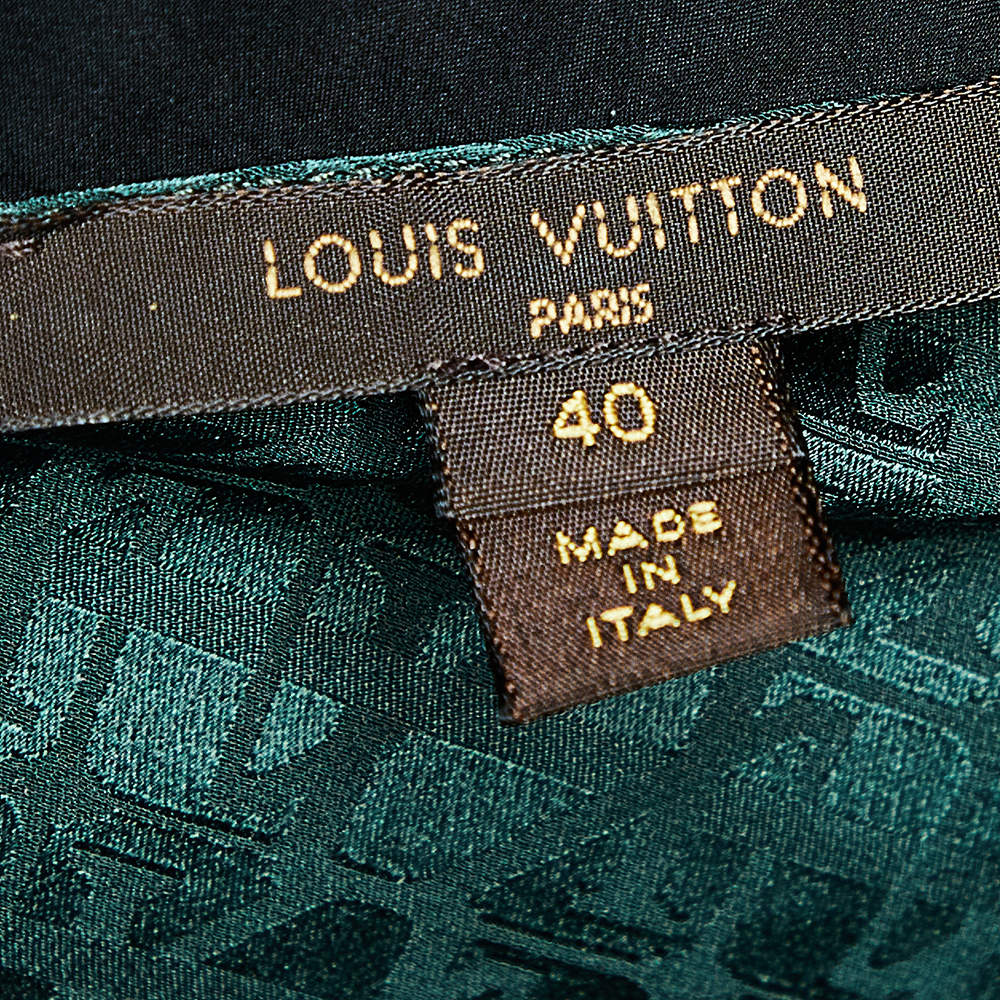 Louis Vuitton Green Logo Print Silk Tie Neck Blouse M Louis