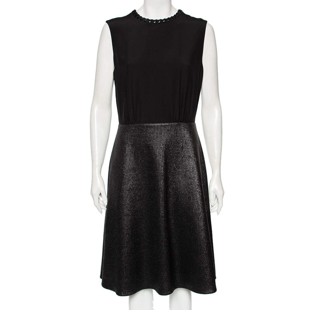 Pre Owned Louis Vuitton Black Metallic Coated Knit & Leather Trimmed Sleeveless Dress L
