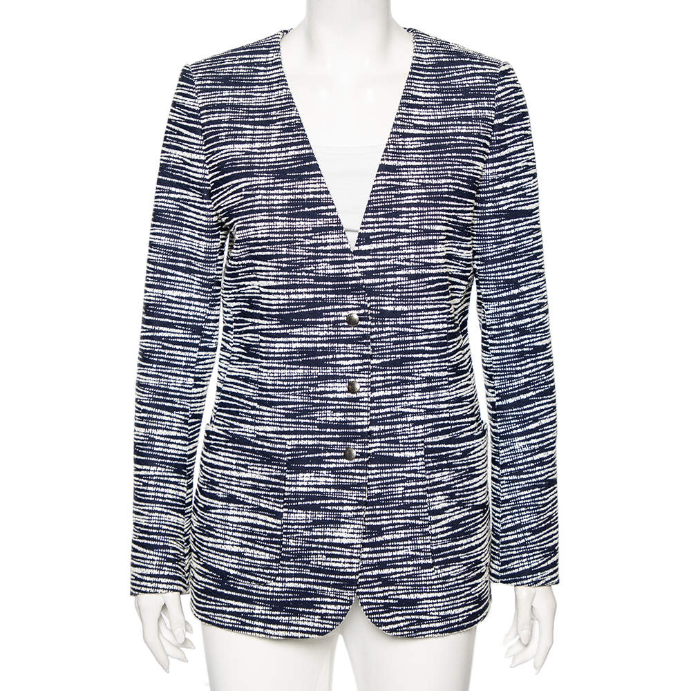 Louis Vuitton Navy Blue-White Textured Button Front Jacket L