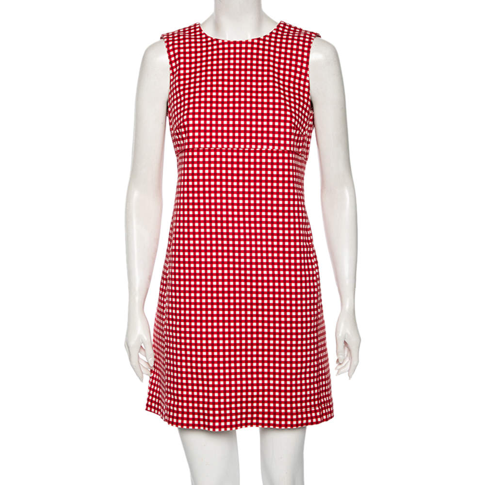 Pre Owned فستان لوي فيتون قطن قصير كاروهات أحمر قصير