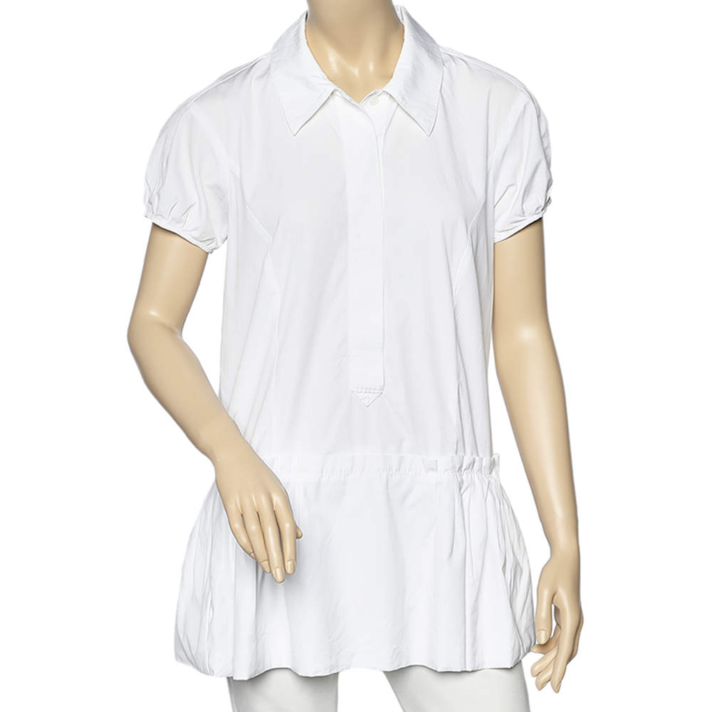 Louis Vuitton White Cotton Gathered Hem Detail Button Front Tunic M