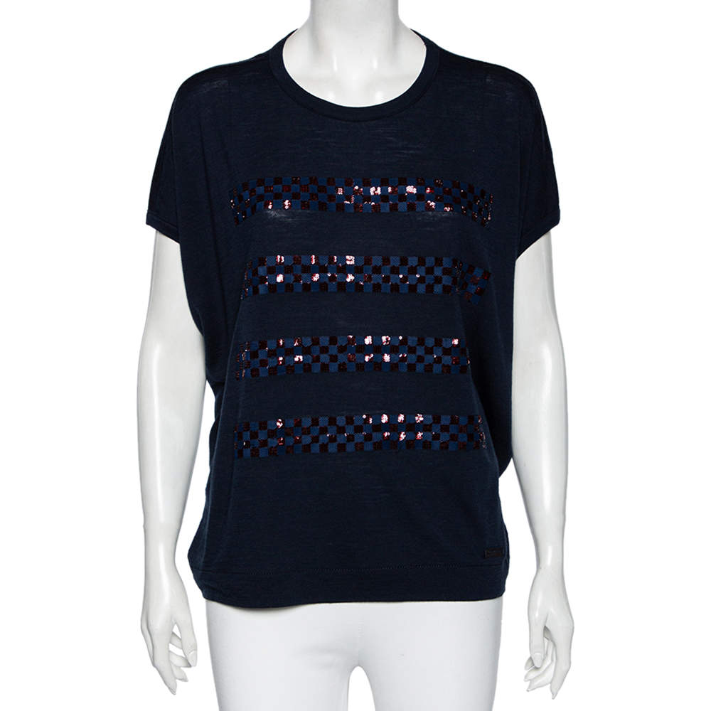 Louis Vuitton Navy Blue Wool Sequin Embellished Oversized Top S