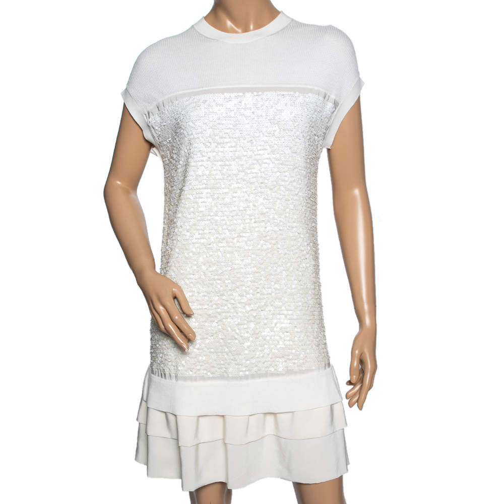 Pre Owned Louis Vuitton Off White Sequin Embellished Knit Ruffle Hem Shift Dress M