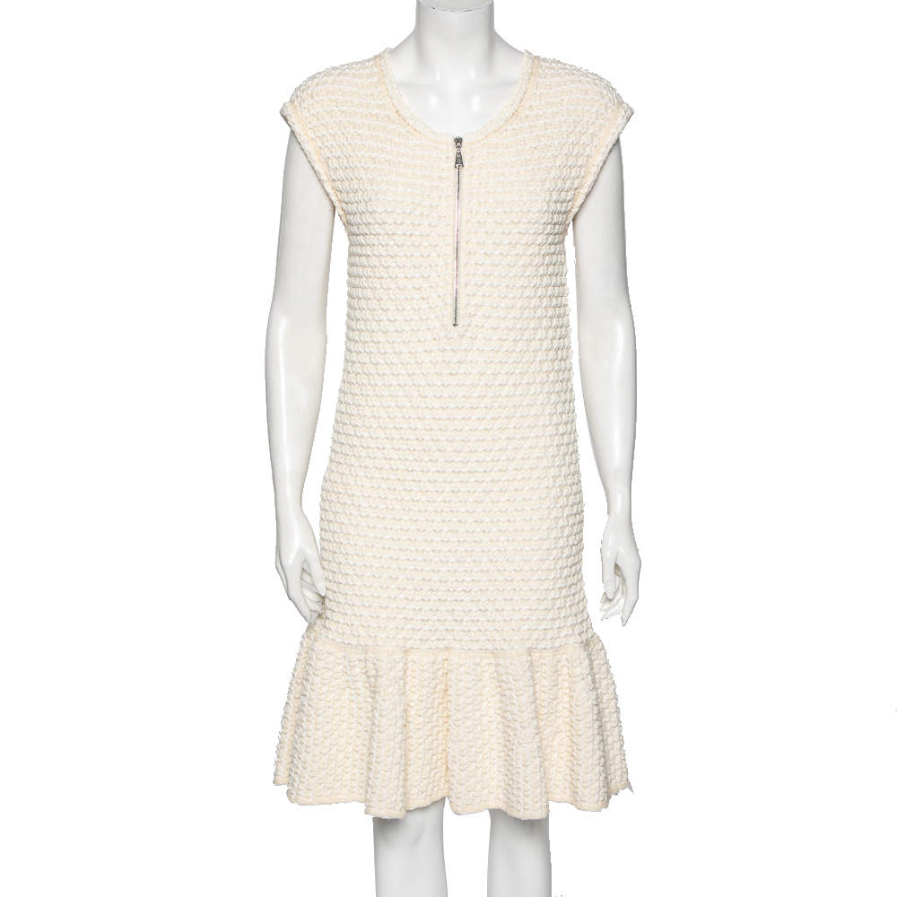 Louis Vuitton Cream Cotton Knit Front Zip Flared Hem Dress XL