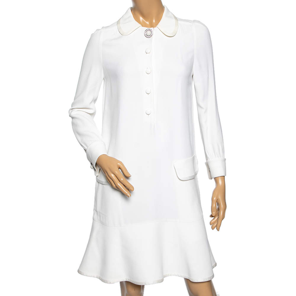 Pre Owned Louis Vuitton Off White Crepe Collared Shift Dress M