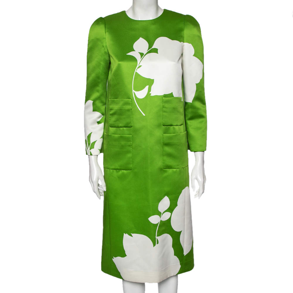 Pre Owned Louis Vuitton Green Printed Satin Midi Shift Dress M