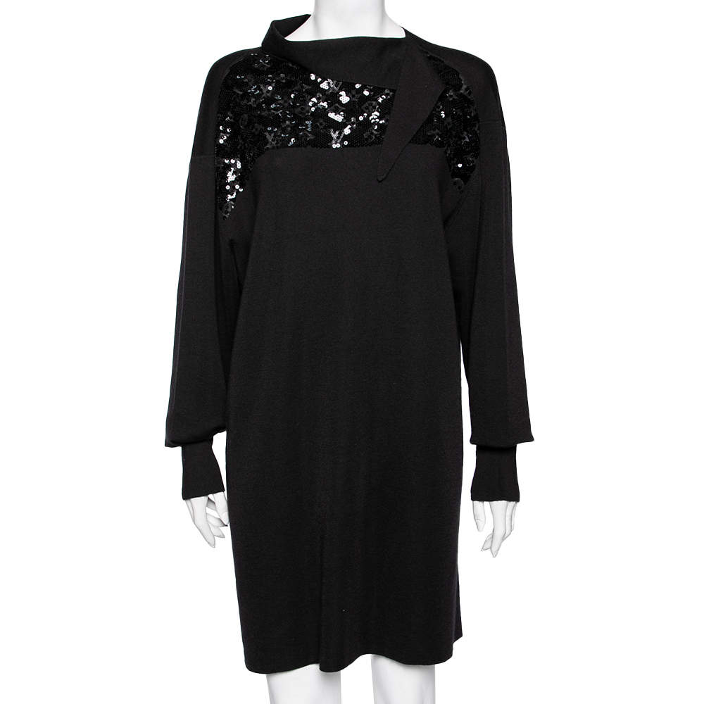 مملوكة مسبقًا Louis Vuitton Black Wool & Sequin Embellished Monogram Detailed Dress M