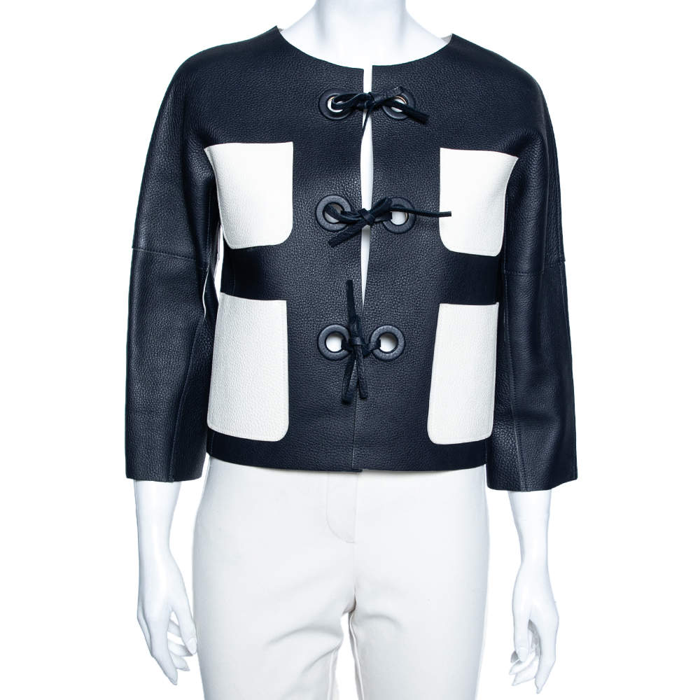 Louis Vuitton Navy Blue & White Leather Tie Front Jacket M