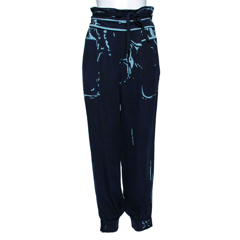 Pre Owned Louis Vuitton Navy Blue Printed Silk Jogger Pants M