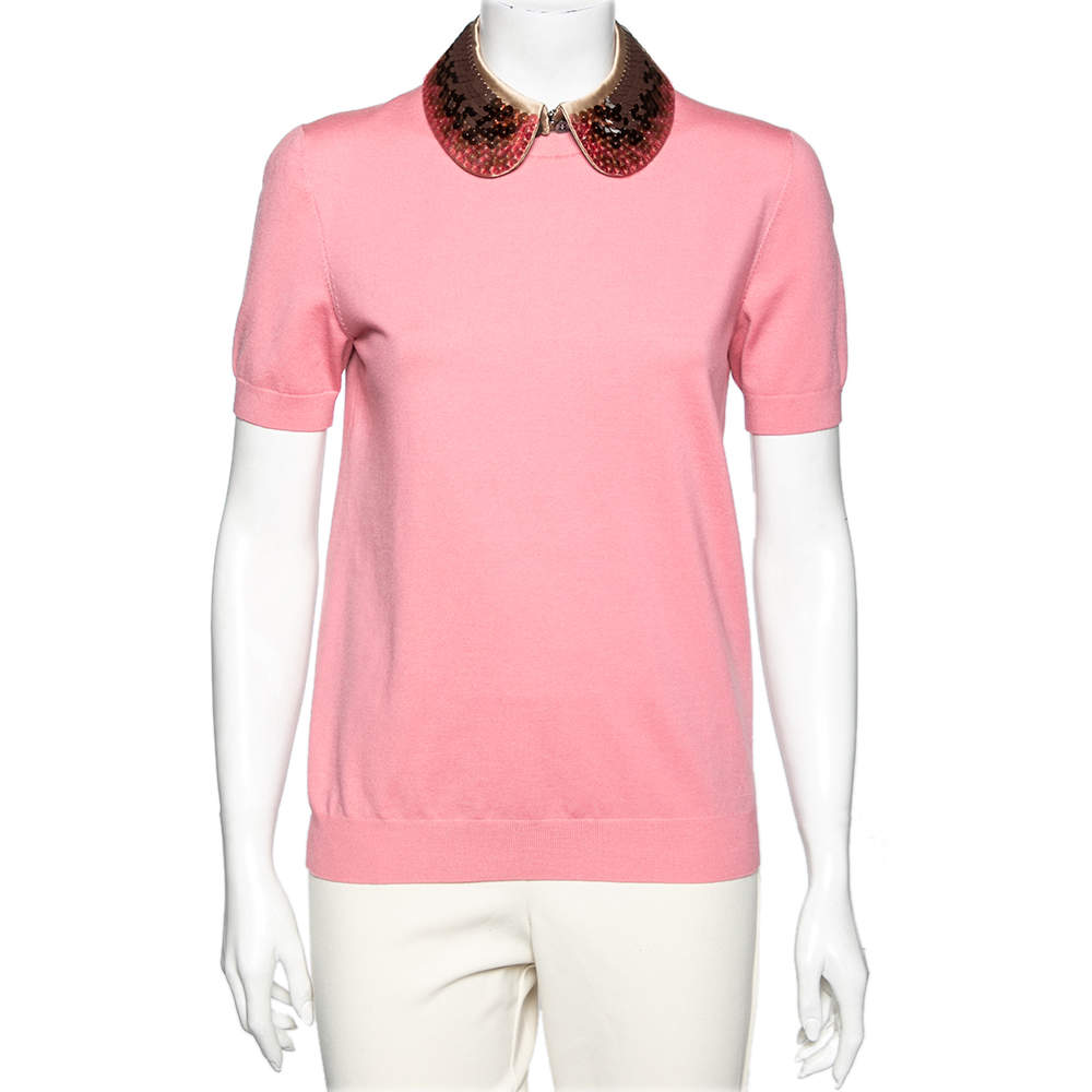 Pre Owned Louis Vuitton Pink Wool Embellished Collar Detailed Top S