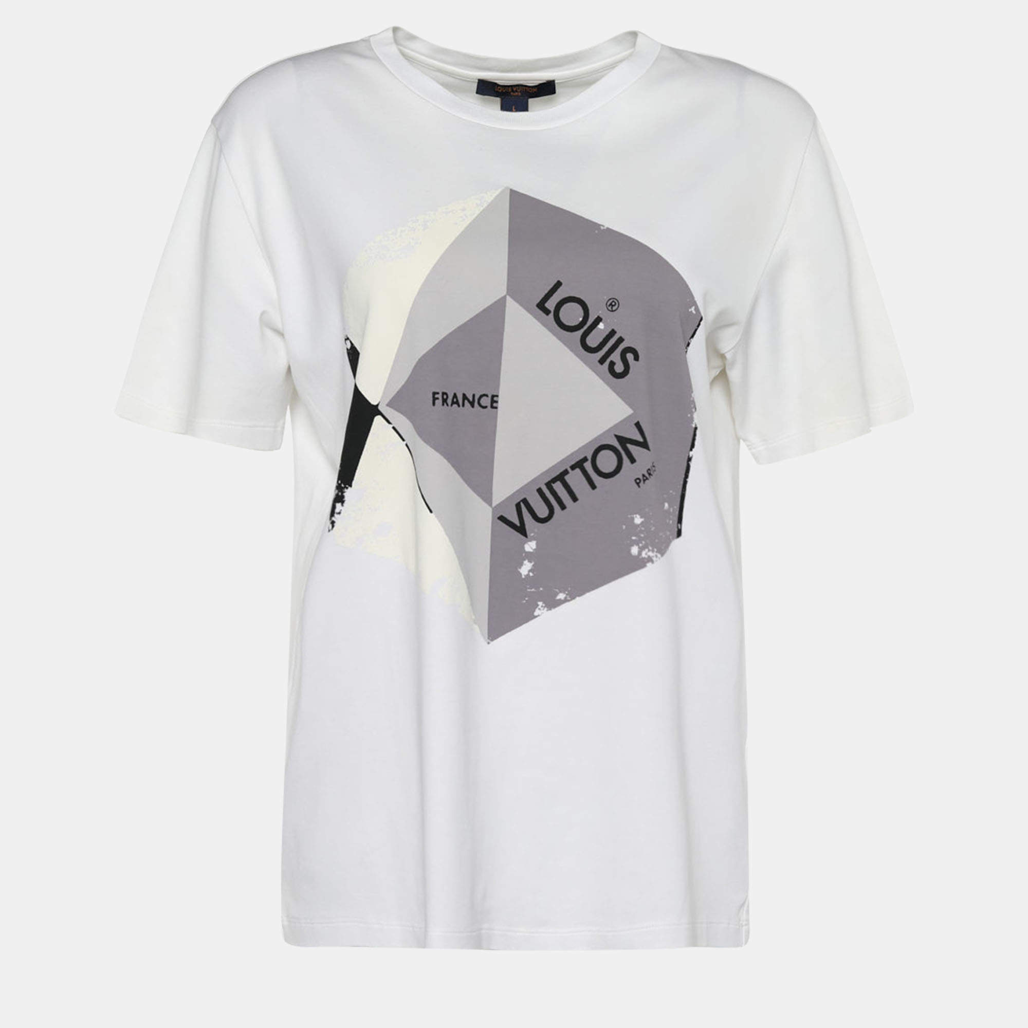 Pre Owned Louis Vuitton White Jersey Knit Logo Print T-Shirt L