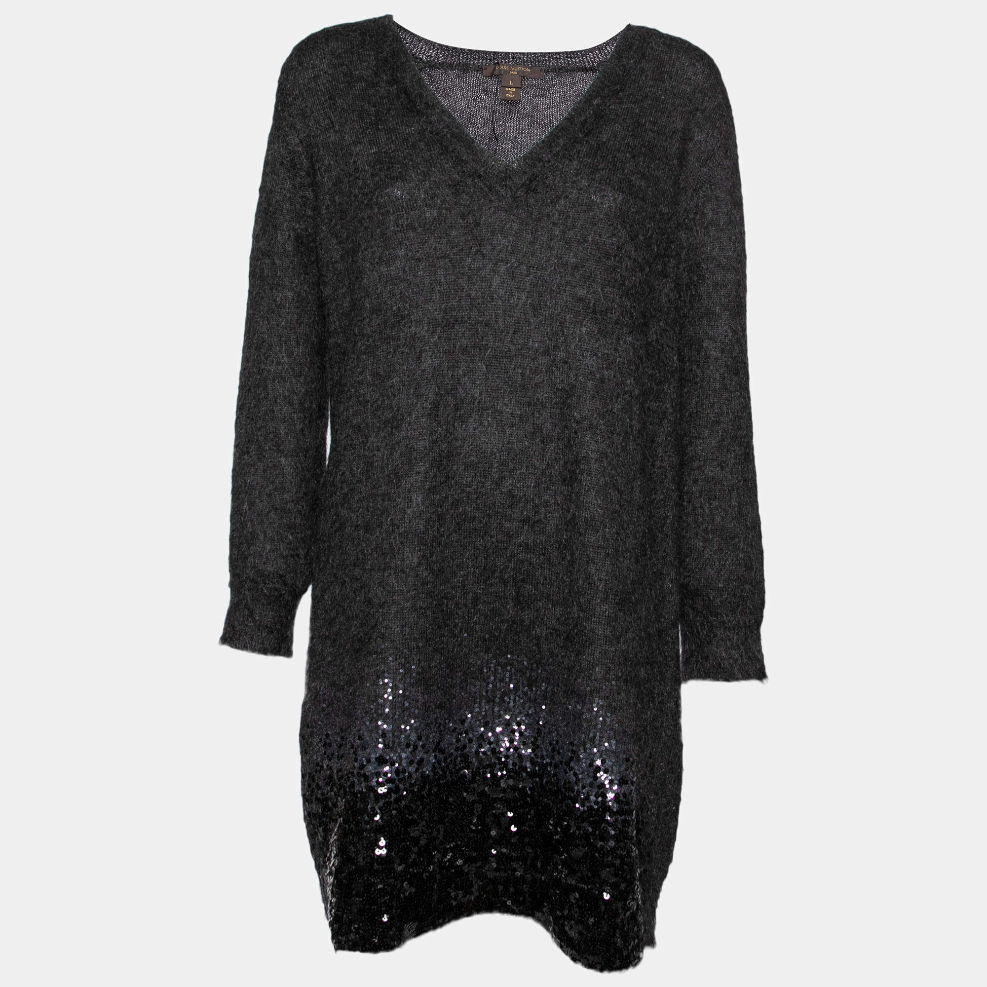 Pre Owned Louis Vuitton Black Wool Sequin Embellished Sweater Dress L