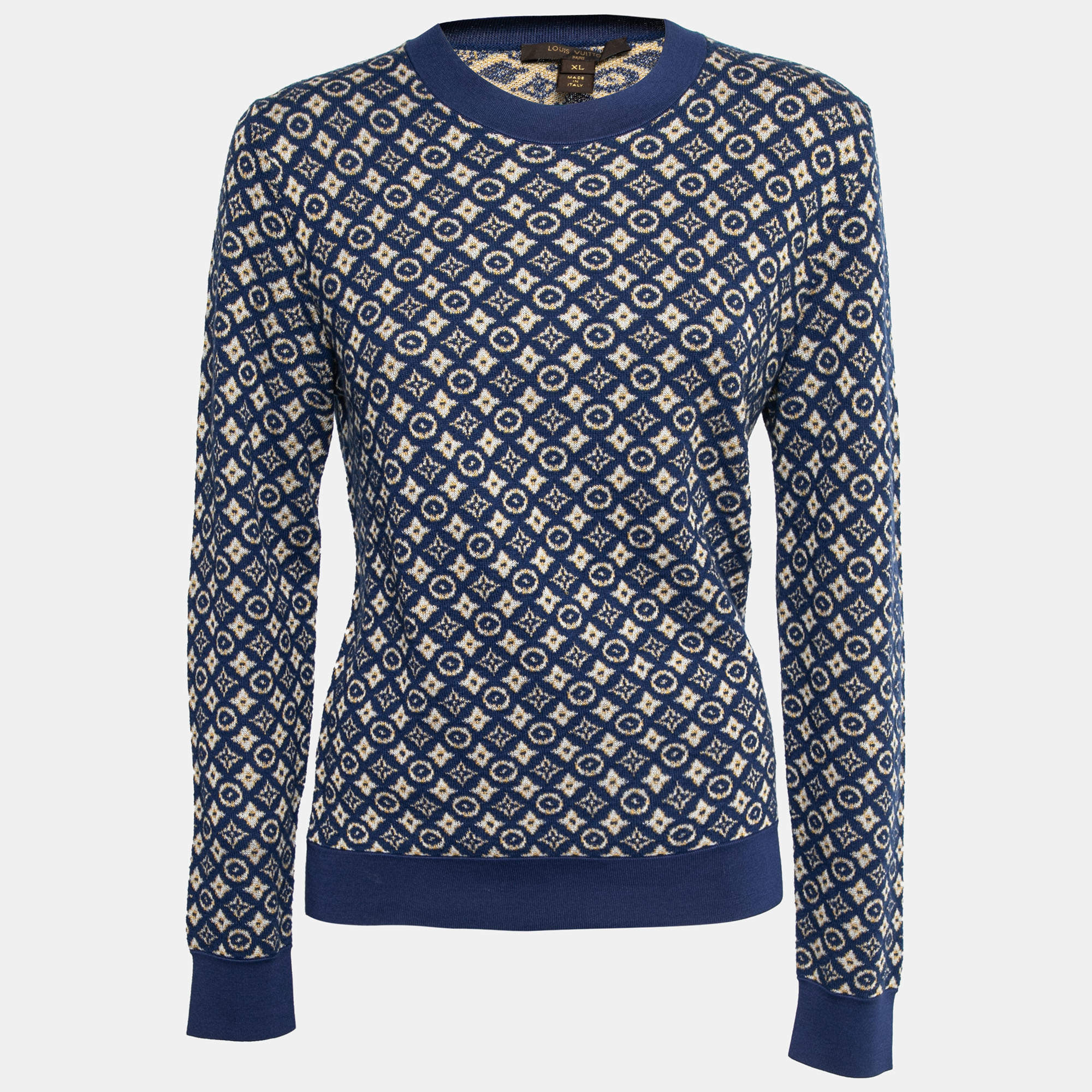 Pre Owned Louis Vuitton Blue Monogram Cashmere & Silk Crewneck Sweater XL