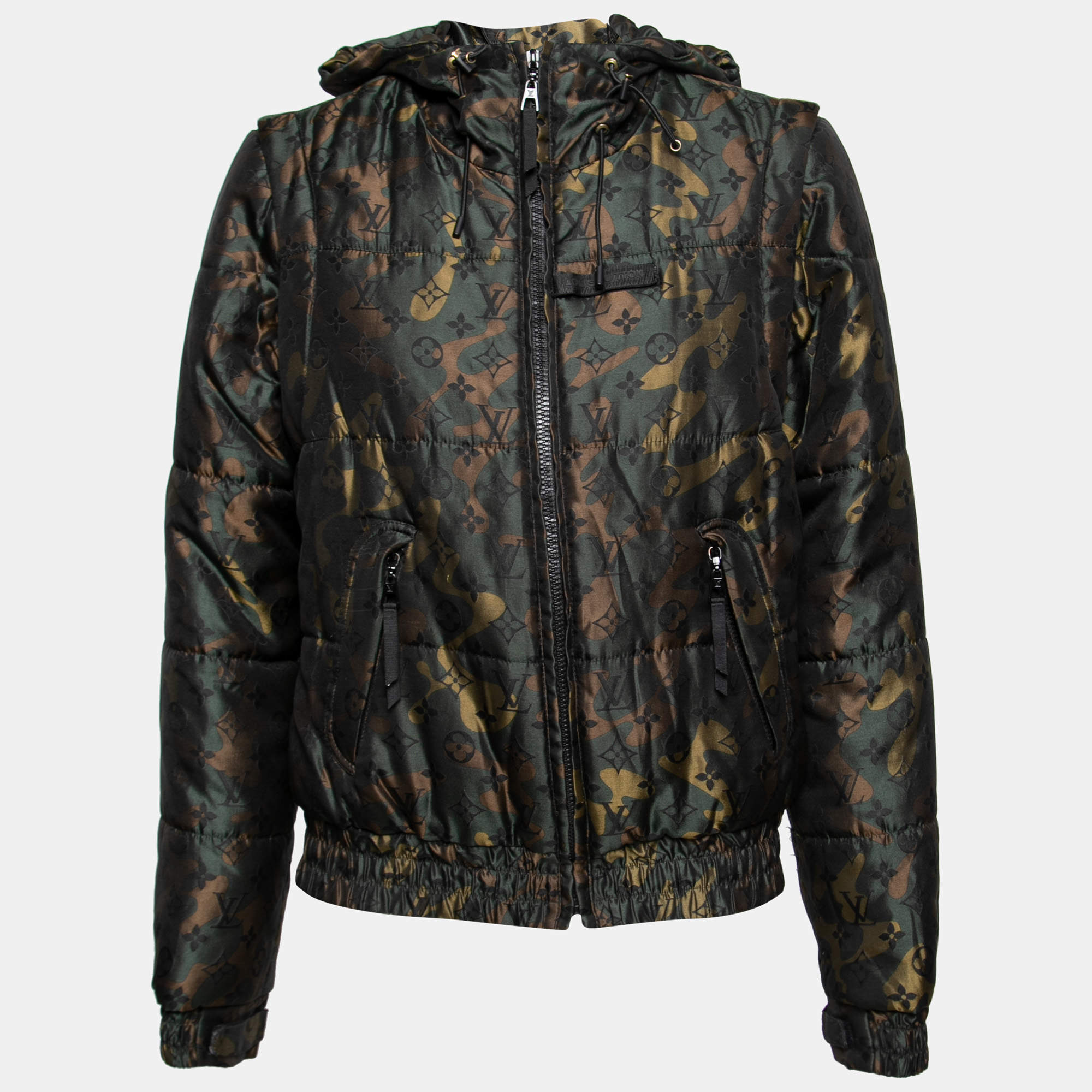 Pre Owned Louis Vuitton Green Camouflage Monogrammed Padded Silk Jacket M