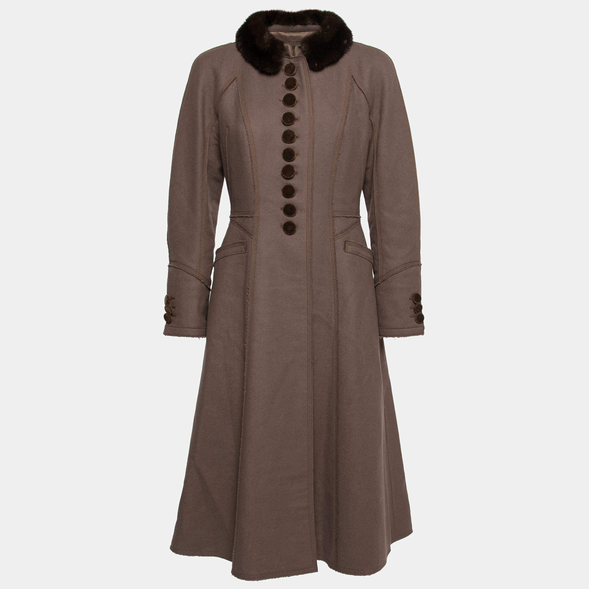 Pre Owned معطف لوي فيتون صوف بني حواف فرو أزرار أمامية مقاس متوسط (ميديوم)