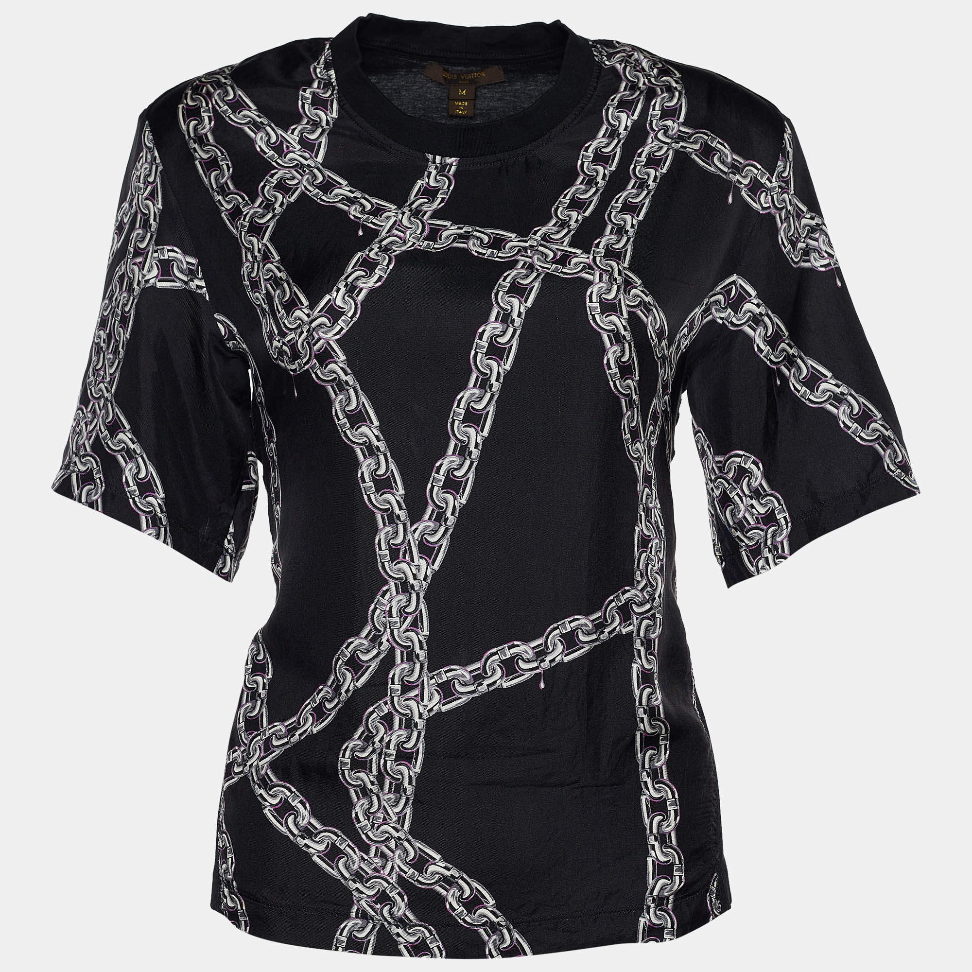 Louis Vuitton Black Chain Print Silk & Cotton Crew Neck T-Shirt M