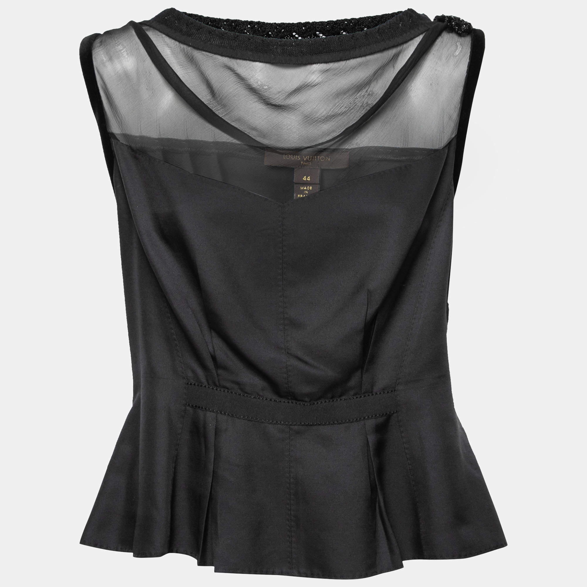 Louis Vuitton Black Silk Rose Applique Sleeveless Peplum Top L