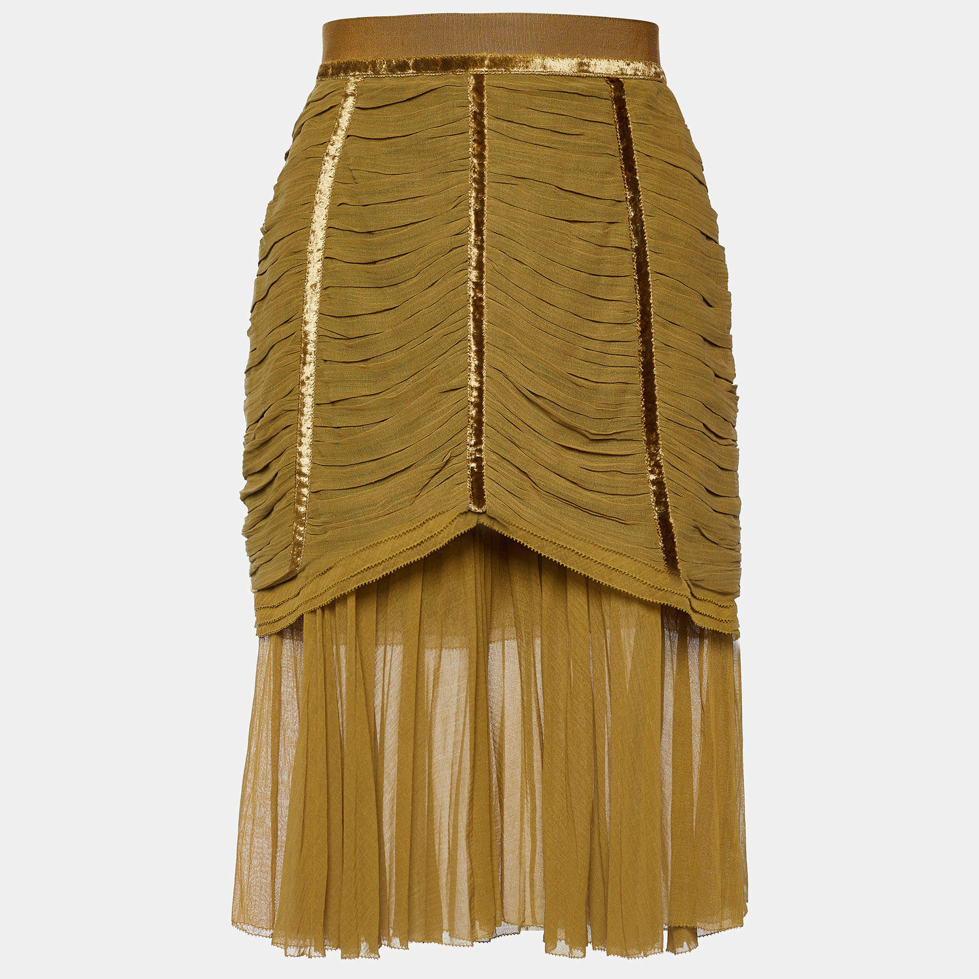 Louis Vuitton Olive Green Cotton Ruched Knee Length Skirt M