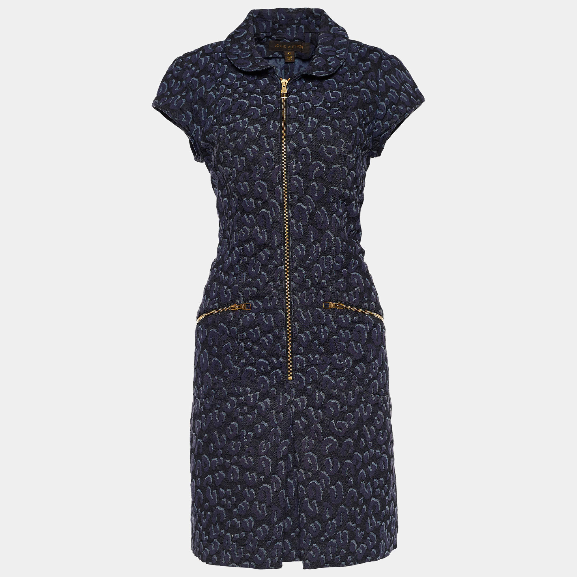 Louis Vuitton Navy Blue Leopard Pattern Denim Zip Front Dress L