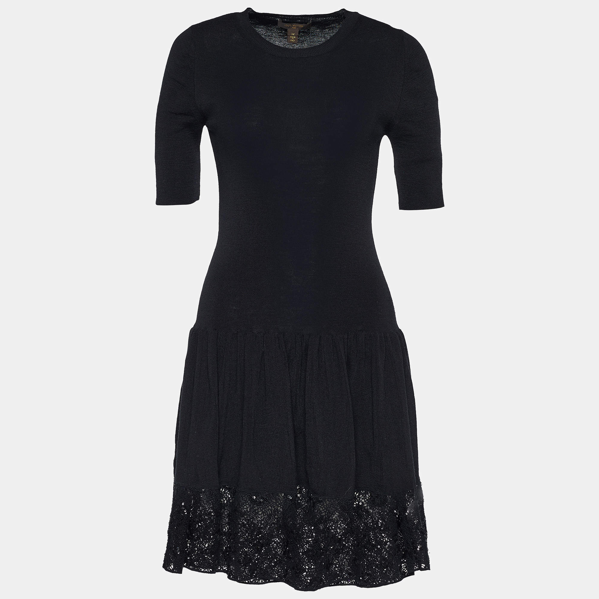 Louis Vuitton Black Knit & Sequined Monogram Lace Midi Dress M