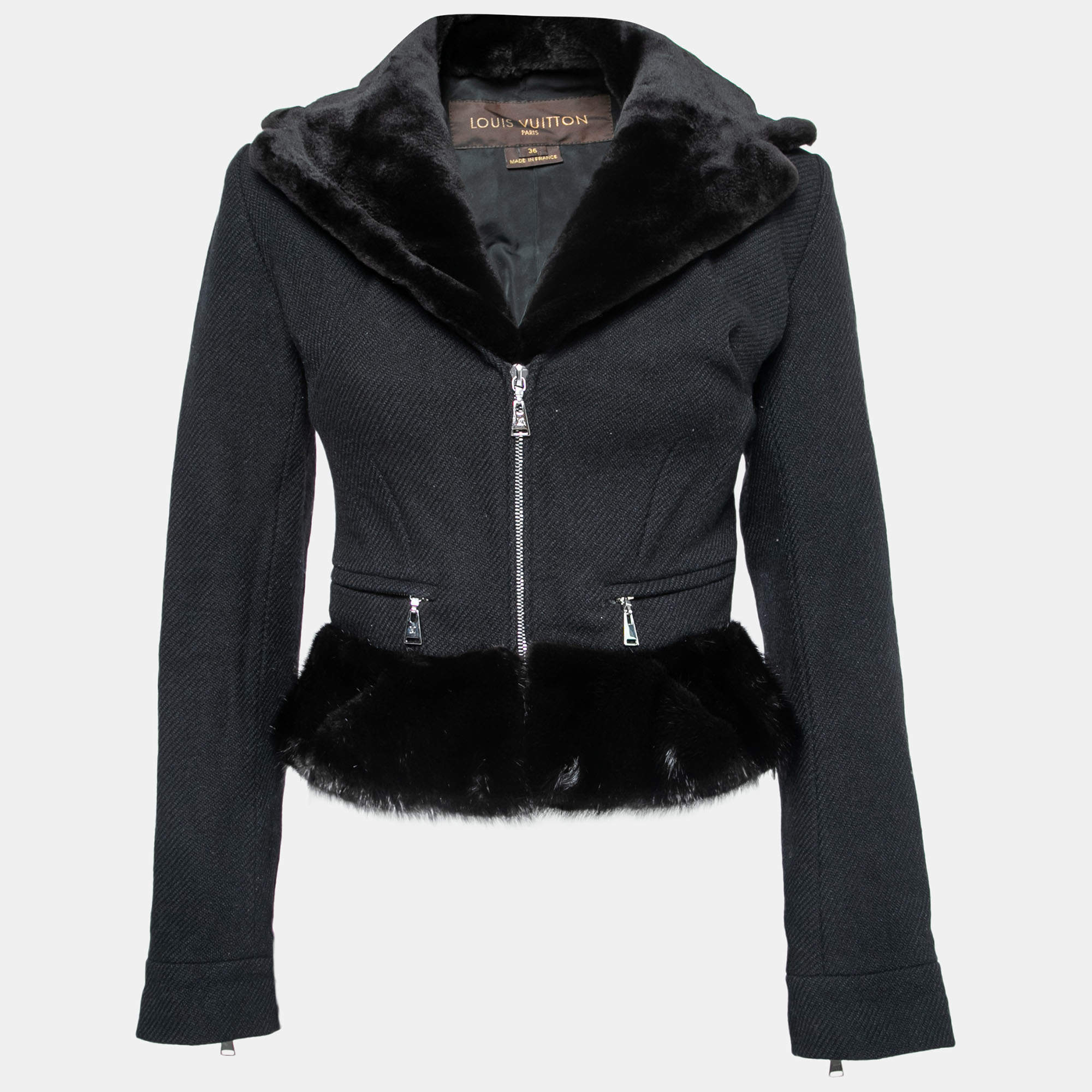 Louis Vuitton Black Polyester Blend Coat W Fur Trim