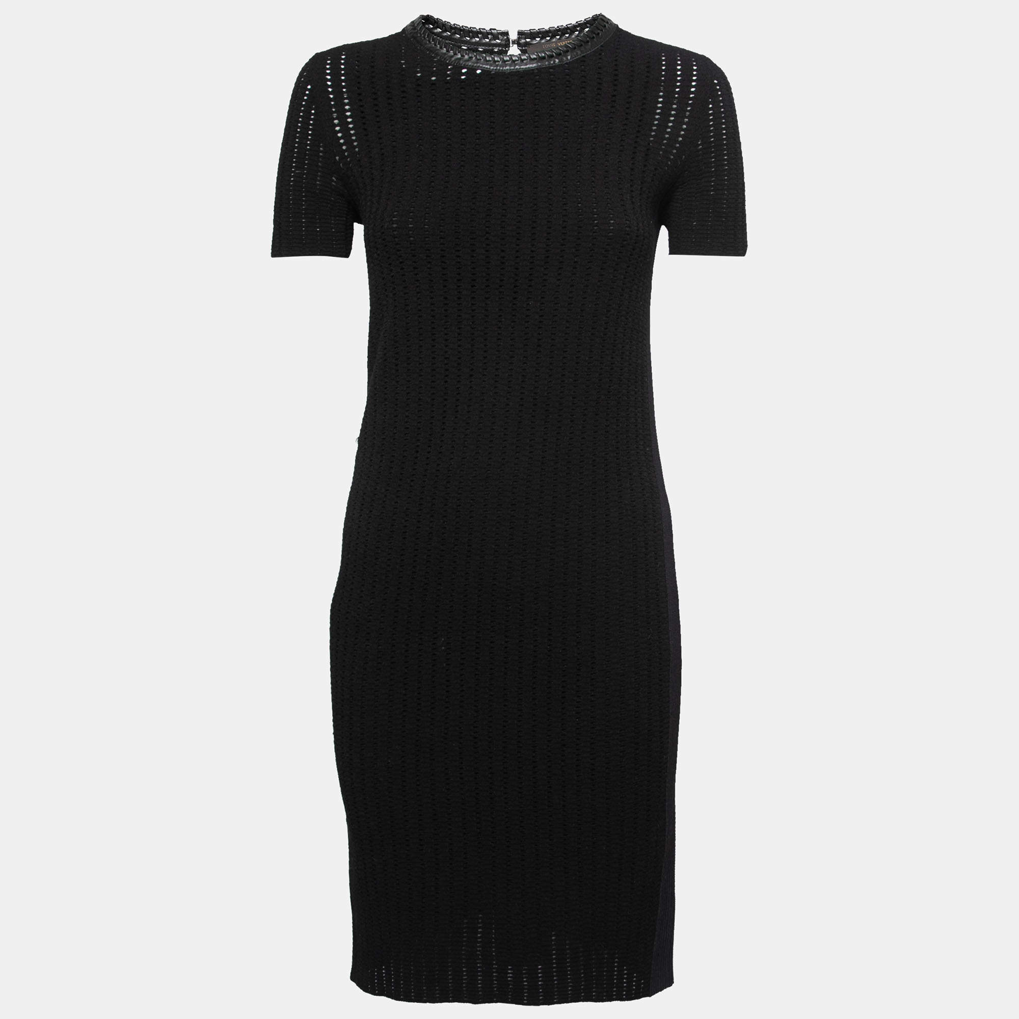 Louis Vuitton Black Pointelle-Knit Braided Neck Midi Dress S 