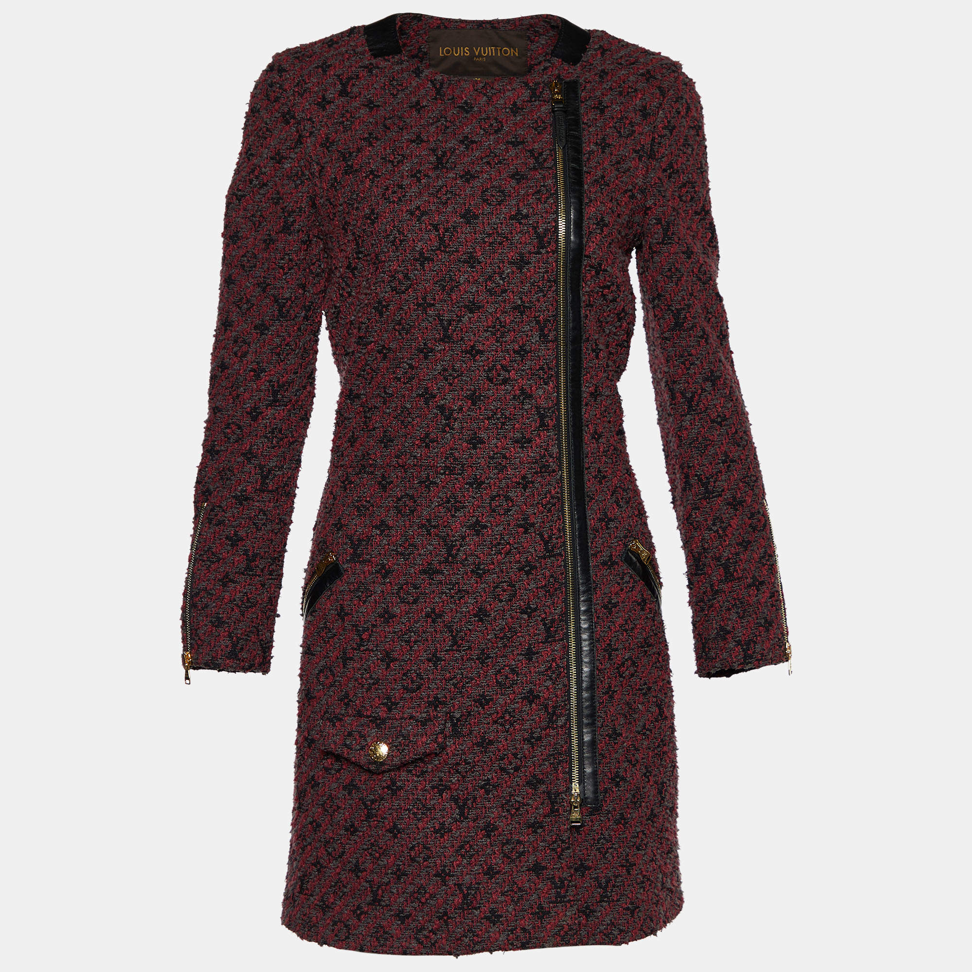 Pre Owned Louis Vuitton Maroon Tweed Zip Front Jacket S