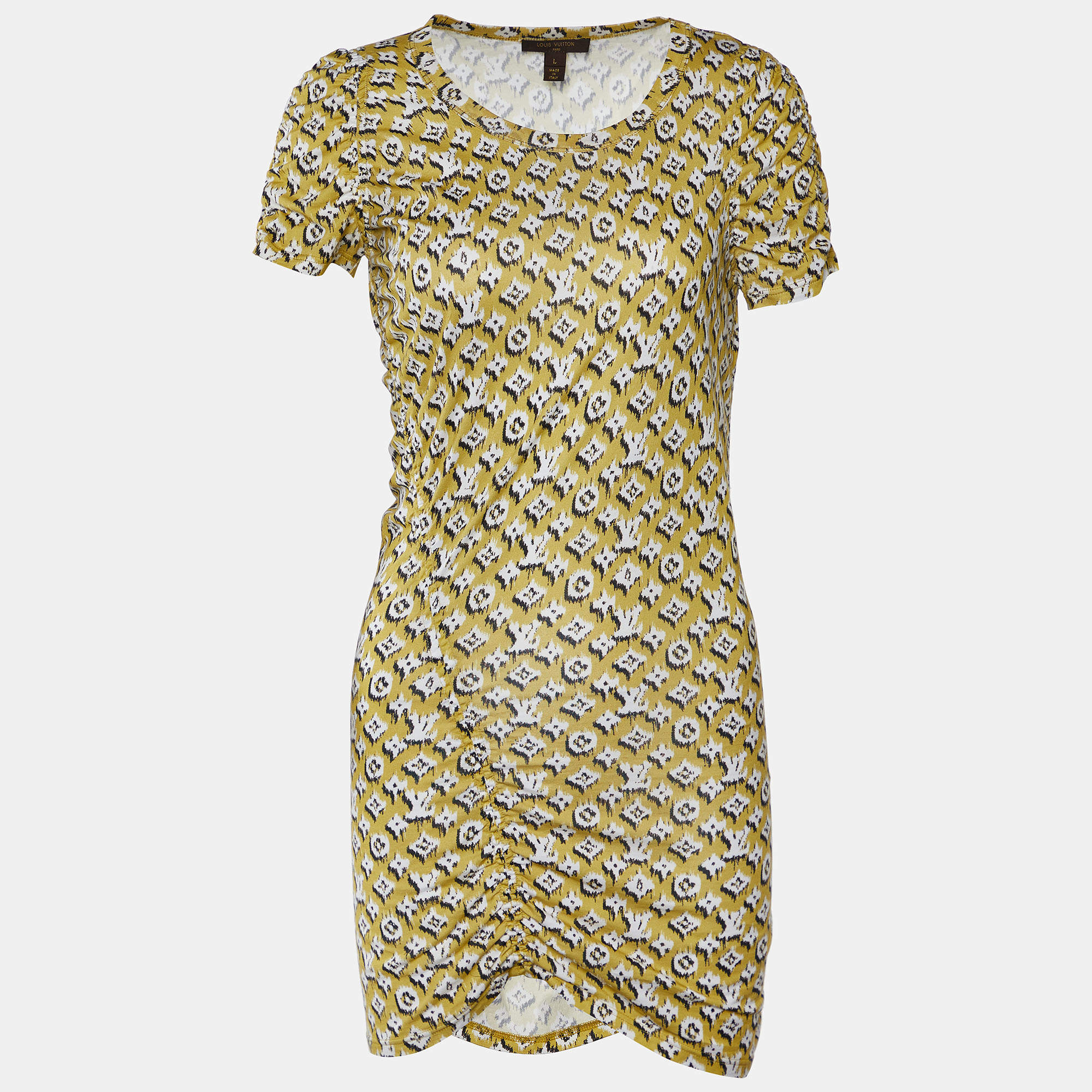 Pre Owned Louis Vuitton Yellow Monogram Printed Cotton Knit Ruched Mini Dress L