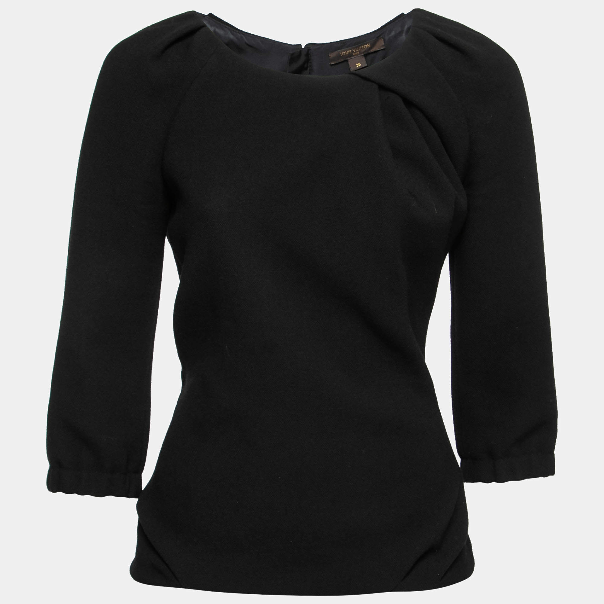 Louis Vuitton Black Wool Crepe Gathered Neck Top S